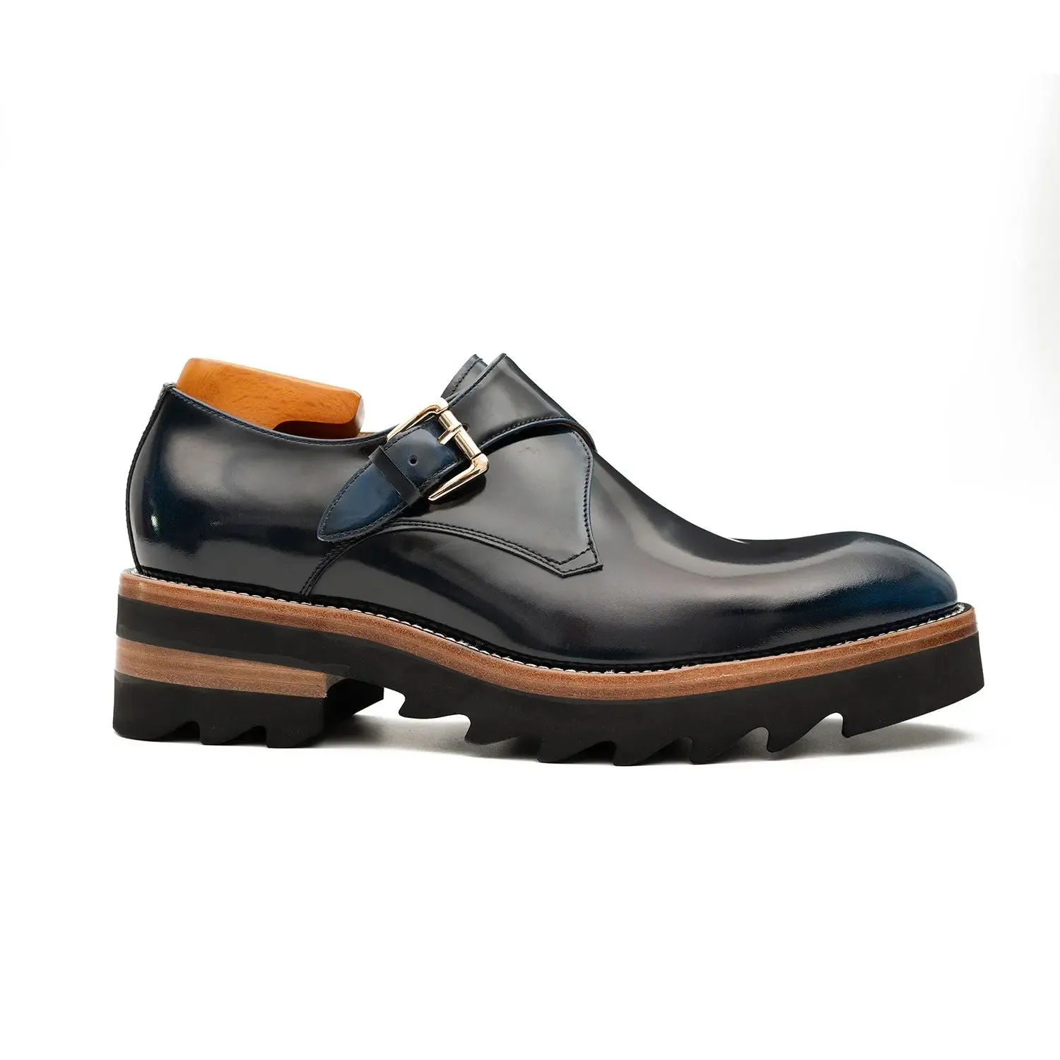 Blue Leather Monk Strap Shoes with Chunky Soles