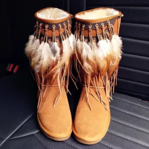 Boho Snow Boots Camel Brown Fleece Lined Vegan Suede Pull On Mid Calf Tribal Feather And Leather Fringe Winter Boots