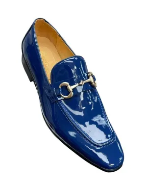 Carrucci Blue Patent Leather Men's Slip-On Dress Shoes Gold Buckle