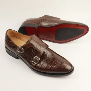 Crocodile Alligator Leather Double Monk Strap Dress Shoes Oxford Formal Business Shoes-Brown