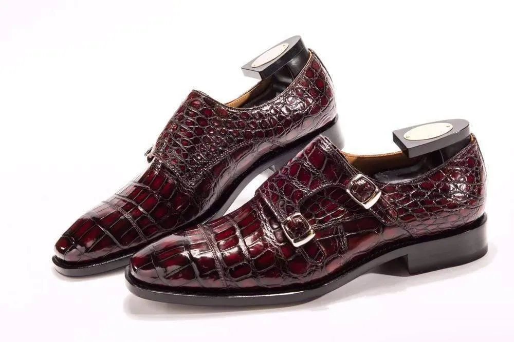 Crocodile Shoes Goodyear Fashion Double Monk Strap Mens Dress Shoes Crocodile Leather - Wine Red