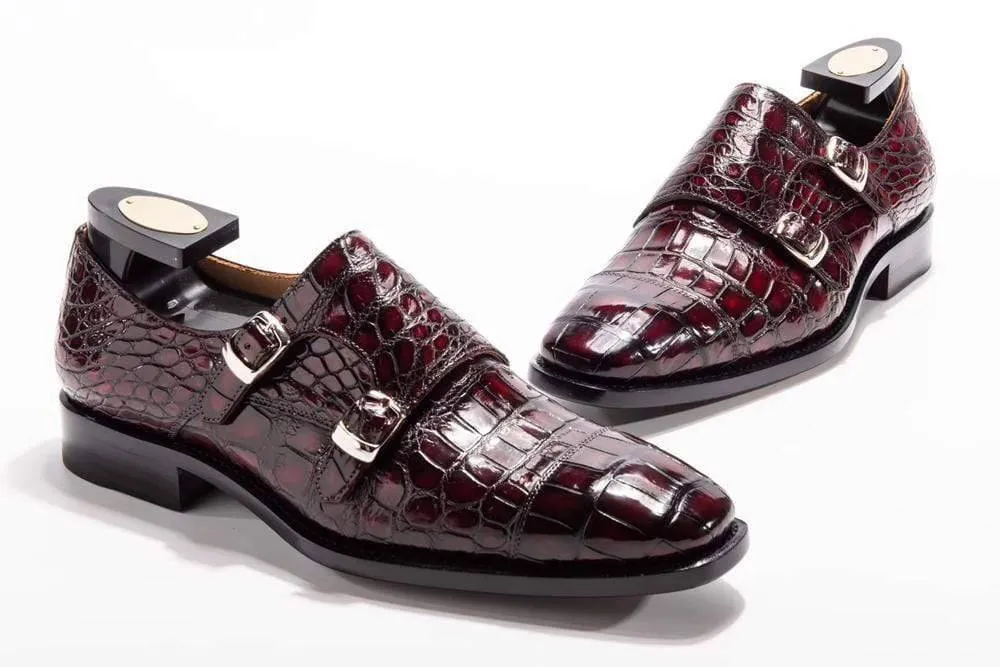 Crocodile Shoes Goodyear Fashion Double Monk Strap Mens Dress Shoes Crocodile Leather - Wine Red