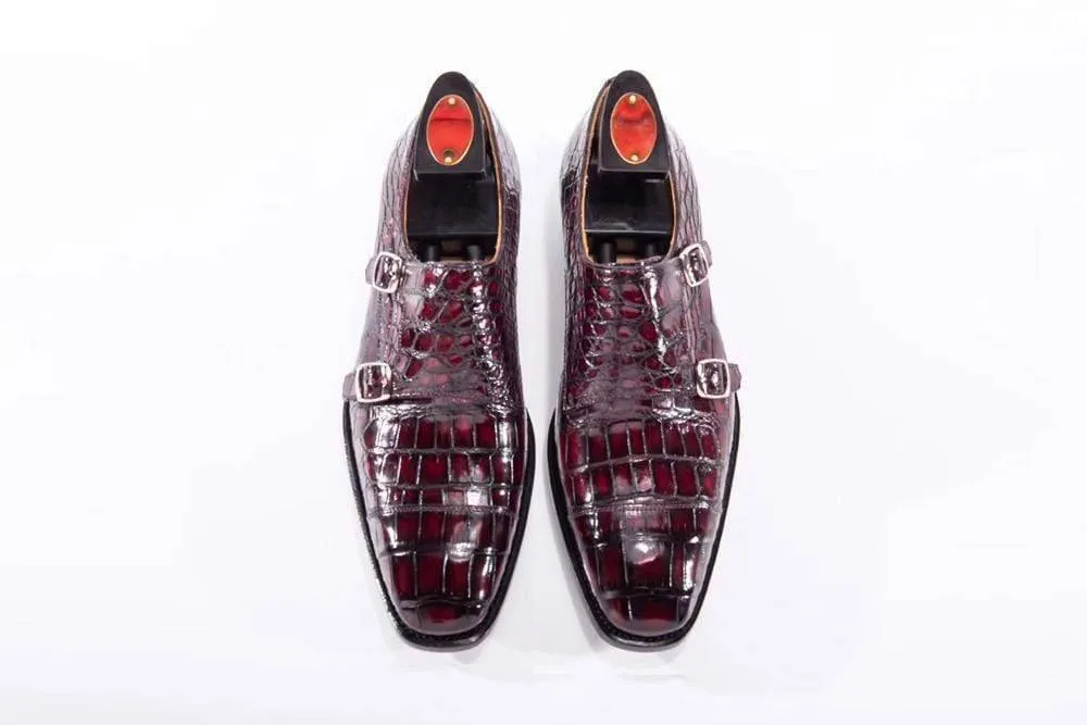 Crocodile Shoes Goodyear Fashion Double Monk Strap Mens Dress Shoes Crocodile Leather - Wine Red