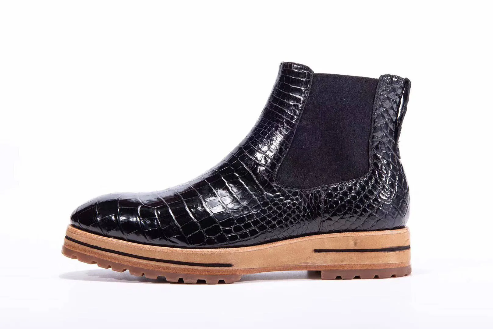 Crocodile Shoes Men's Chelsea Boots, Genuine Crocodile Skin Leather Non-Slip Casual Dress Ankle Boots Black