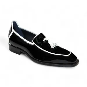 Duca Fano Men's Shoes Black/White Patent Leather-Velvet, Leather Lining Formal Loafers (D1140)