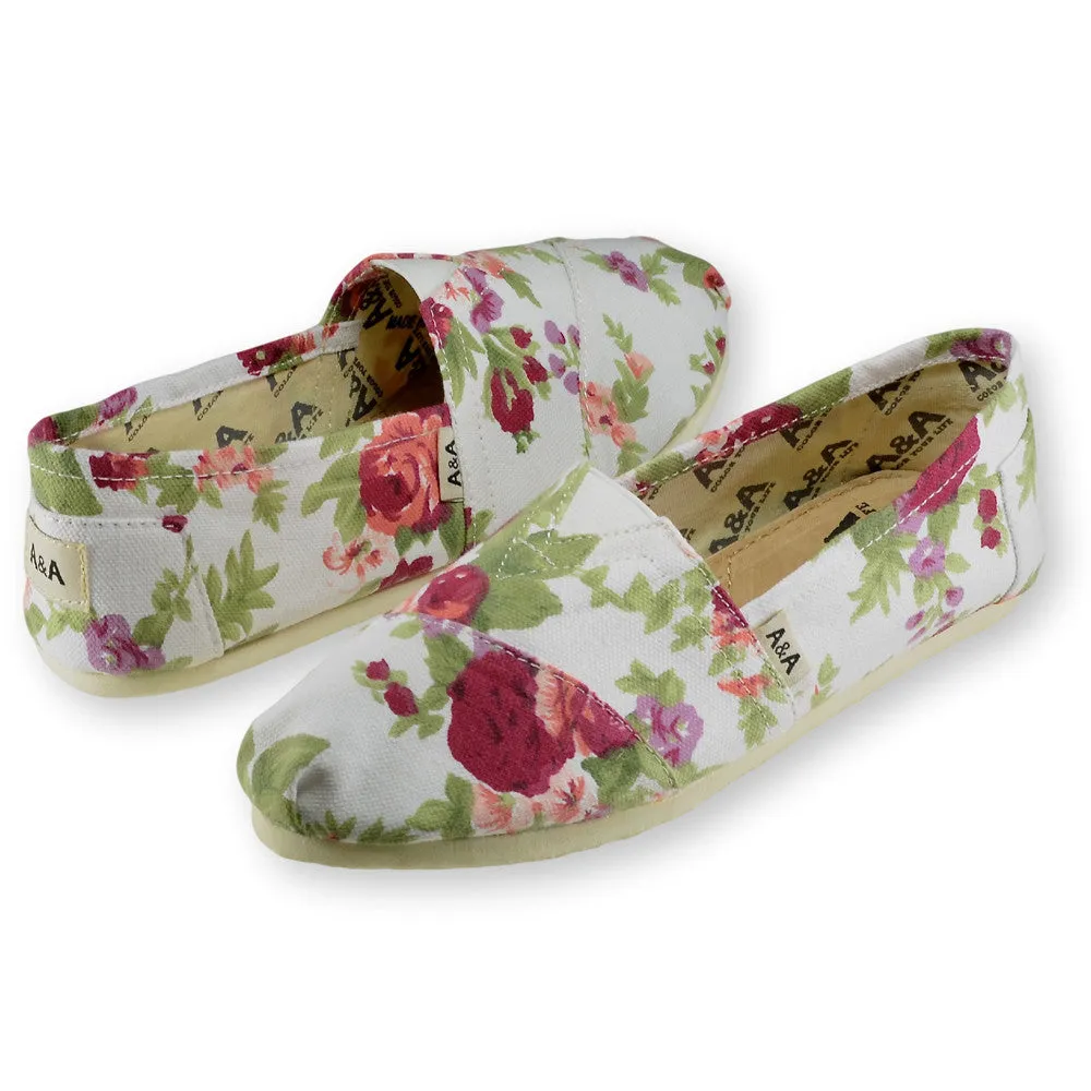 Floral White Canvas Slip On Shoes for Women