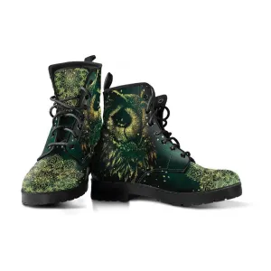 Forest Green Owl  Memory Foam Boots | All Season Lace Up Boots | Vegan Leather Combat Boot by Manifestie