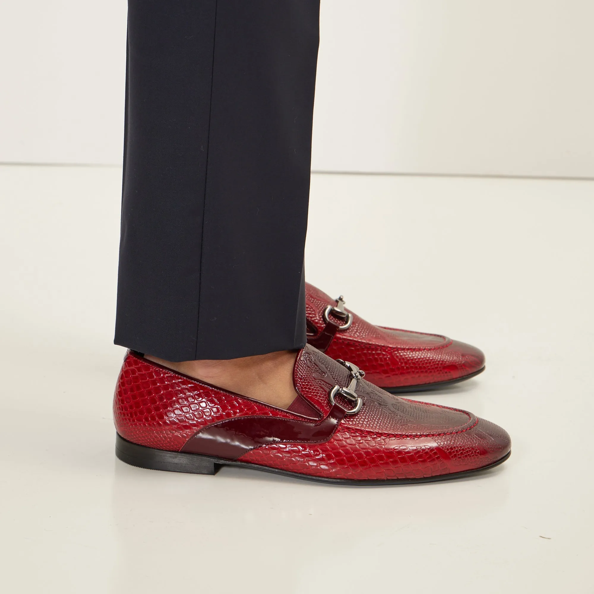 Snake Embossed Leather And Silver Metal Bit Loafer - Valentine Red