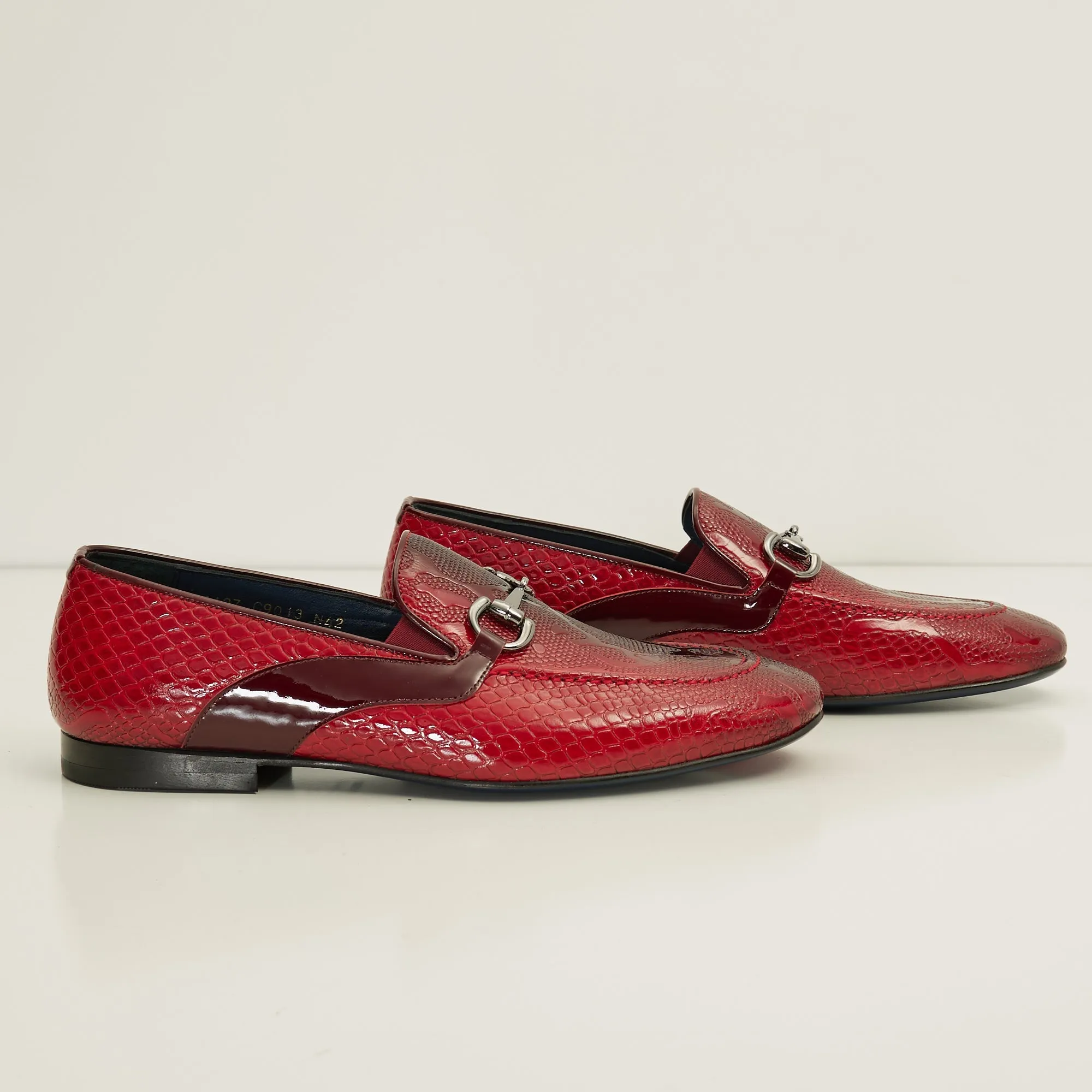 Snake Embossed Leather And Silver Metal Bit Loafer - Valentine Red