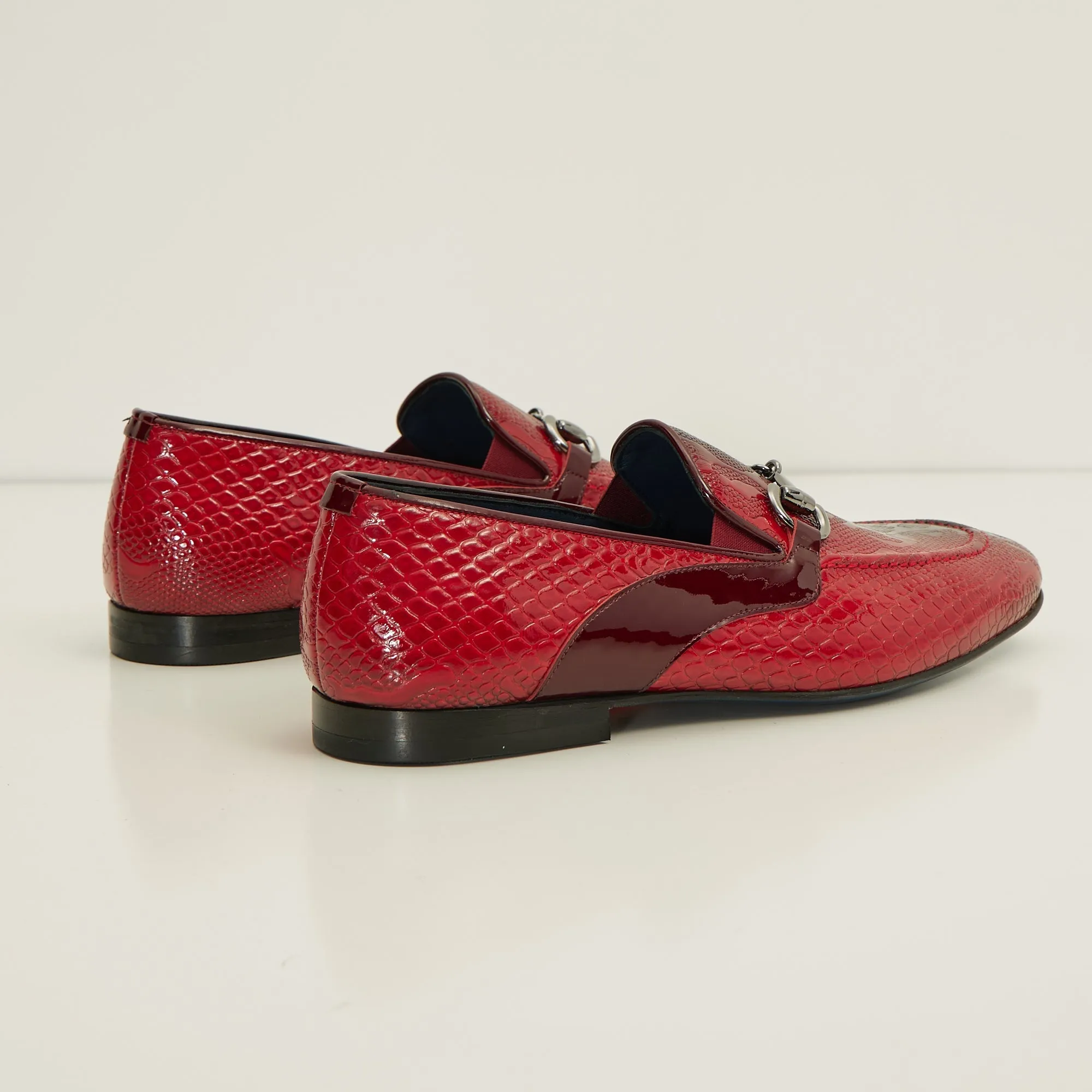 Snake Embossed Leather And Silver Metal Bit Loafer - Valentine Red