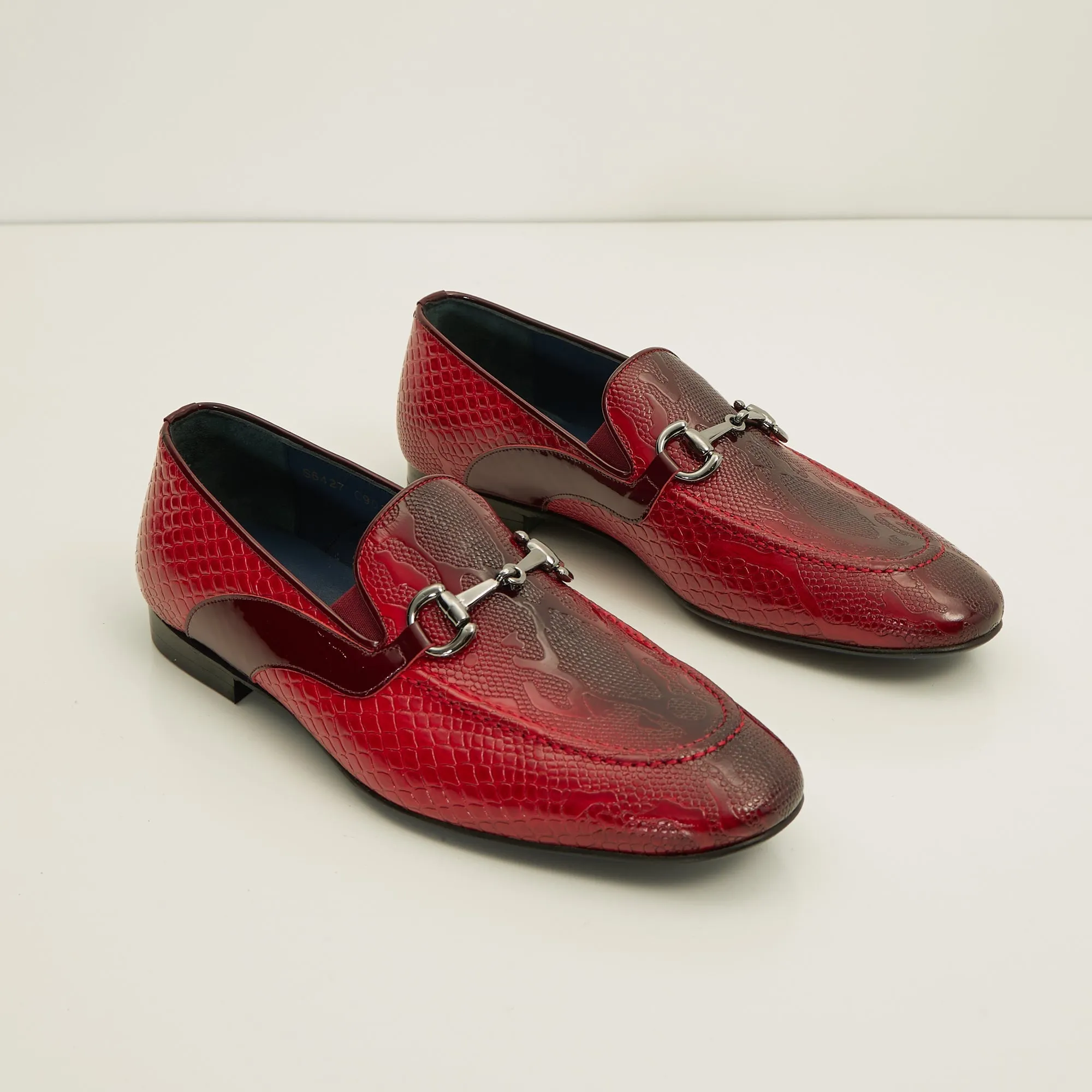 Snake Embossed Leather And Silver Metal Bit Loafer - Valentine Red