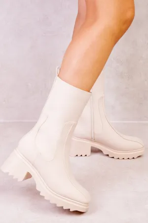 VIOLET CHUNKY BLOCK HEEL CHELSEA BOOT IN IVORY CREAM FAUX LEATHER